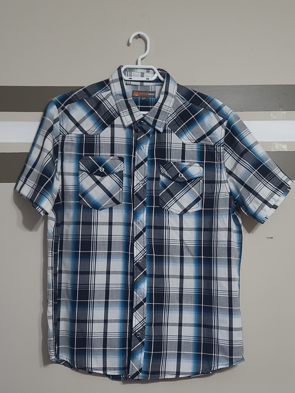 Mountain Ridge Blue Plaid Short-Sleeve Snap Button-Up Shirt Sz Med
